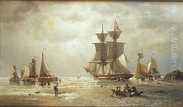 Boten Voor De Kust Van Oostende Oil Painting by Francois-Etienne Musin