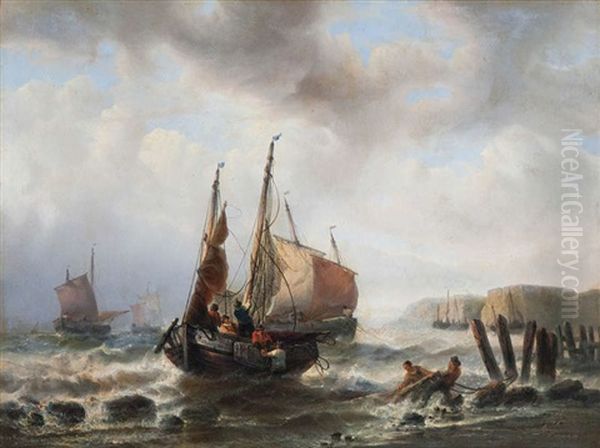 Littoral Rocheux Anime De Pecheurs Rentrant Les Nets Oil Painting by Francois-Etienne Musin