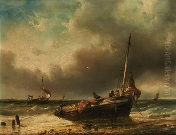 Retour De Barque De Peche Sur La Plage Oil Painting by Francois-Etienne Musin