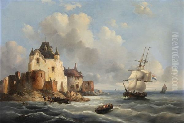 Vue D'un Port Avec Trois-mats Hollandais Oil Painting by Francois-Etienne Musin