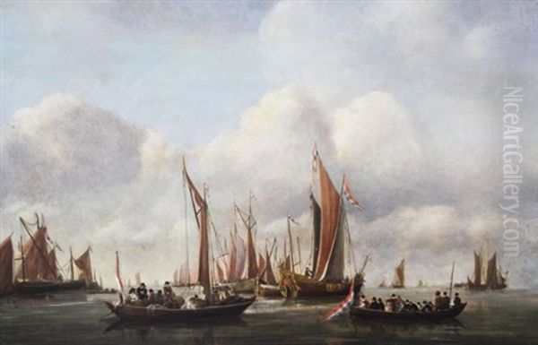 Shipping In Harbour With Noblemen In A Barge And Galleon Beyond Oil Painting by Francois-Etienne Musin