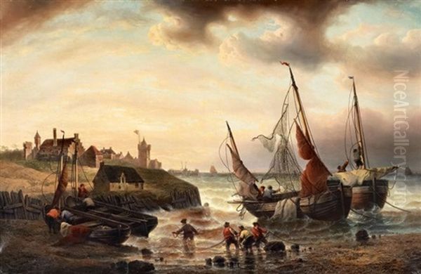 Anlandende Fischer Am Hafen Oil Painting by Francois-Etienne Musin