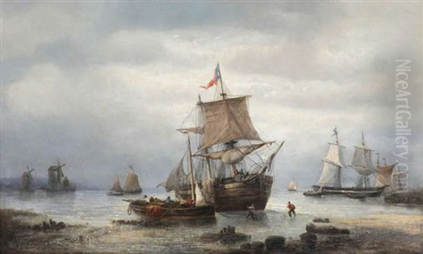 Bateaux De Peche Pres D'une Cote Rocheuse Oil Painting by Francois-Etienne Musin