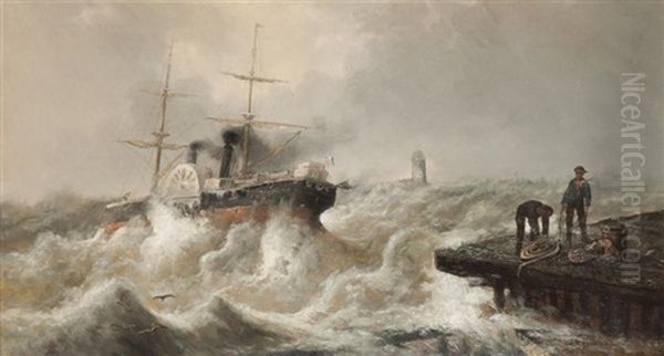 Bateau A Aube Sortant Du Port Oil Painting by Francois-Etienne Musin