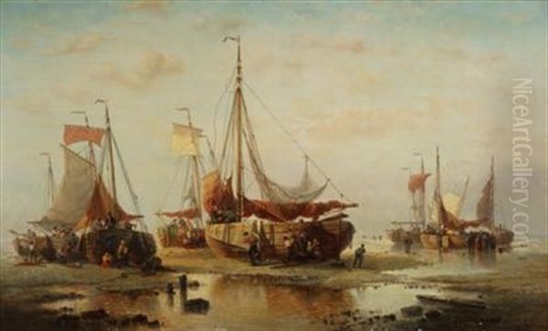 Fisherfolk At Low Tide Oil Painting by Francois-Etienne Musin