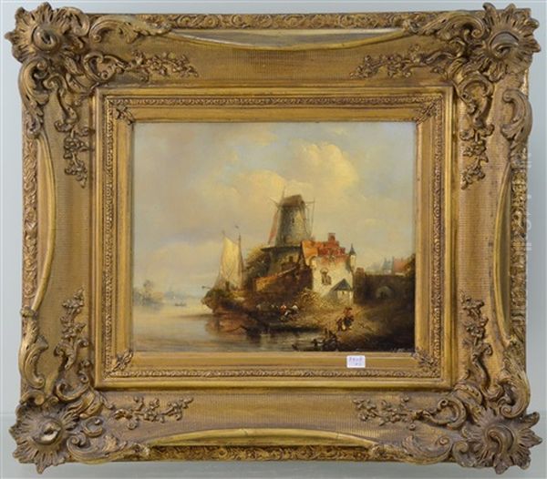 Scene De Port Animee Avec Moulin Oil Painting by Francois-Etienne Musin