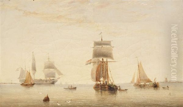 Marine Avec Trois-mats Et Voiliers A L'ancre Oil Painting by Francois-Etienne Musin