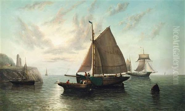 Yarmouth Fishing Boats Lying Off The Coast At Dusk Oil Painting by Francois-Etienne Musin