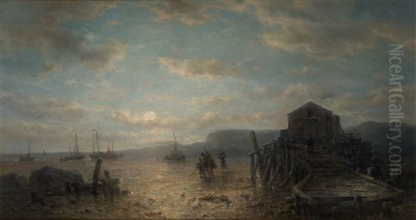 Crepuscule Sur La Plage Animee Oil Painting by Francois-Etienne Musin