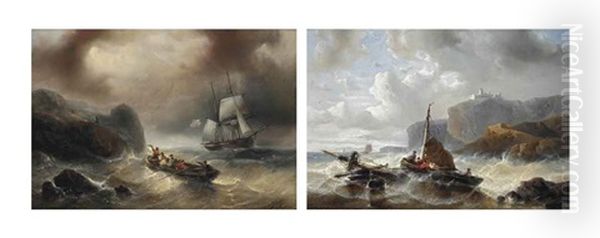 The Castaway's Salvation (+ Salvaging The Wreckage; Pair) Oil Painting by Francois-Etienne Musin