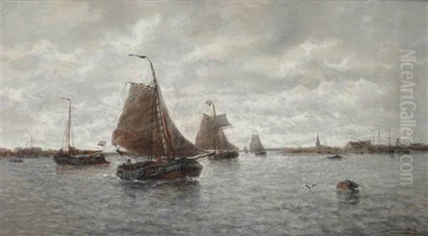 Sailing Vessels On A Busy River Oil Painting by Francois-Etienne Musin