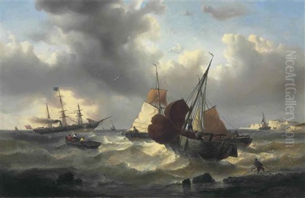 Shipping Off The Coast In Choppy Seas Oil Painting by Francois-Etienne Musin