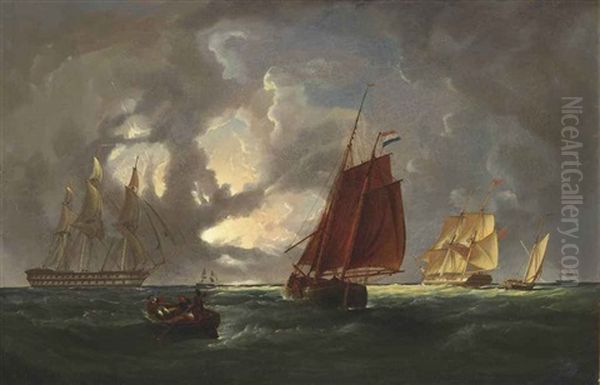 Warships And Other Shipping In A Thunderstorm Oil Painting by Francois-Etienne Musin