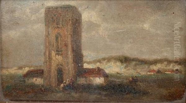 Figures Beside A Coastal Church Oil Painting by Francois-Etienne Musin