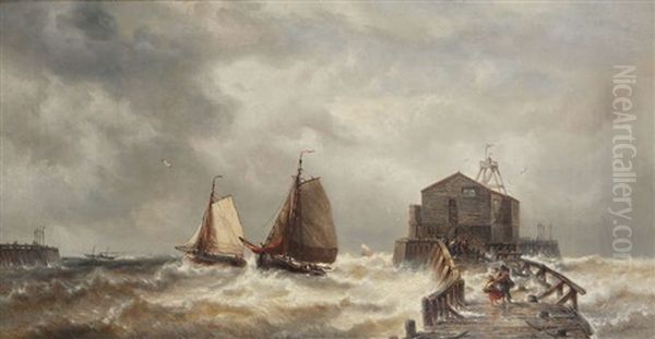 Pecheurs Sur L'estacade Par Temps Orageux, Paire De Bateaux Tout Pres Et Bateau A Vapeur A L'arriere-plan Oil Painting by Francois-Etienne Musin