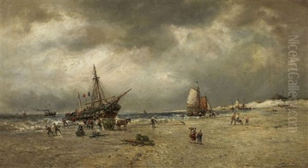 Strandszene Mit Anlandenden Fischerbooten Oil Painting by Francois-Etienne Musin