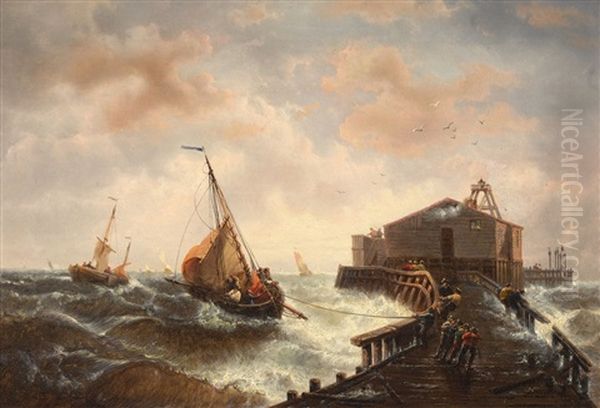 Segelboote Auf Sturmischer See Vor Einem Pier Oil Painting by Francois-Etienne Musin