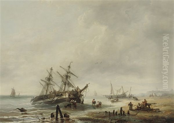 Unloading At Low Tide Oil Painting by Francois-Etienne Musin