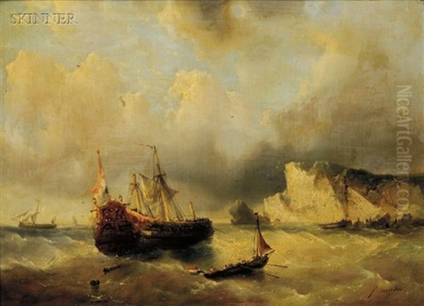 Ship And Dory By The Cliffs Oil Painting by Francois-Etienne Musin