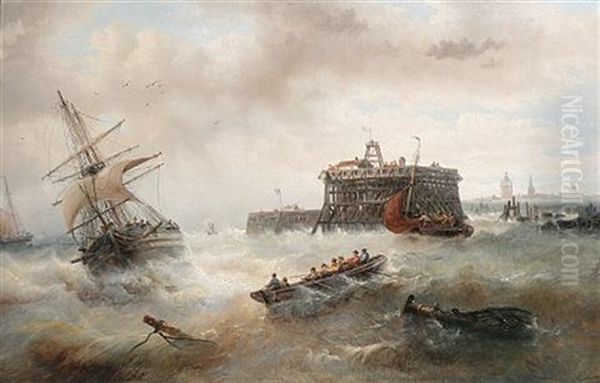 Off Calais Harbour Oil Painting by Francois-Etienne Musin