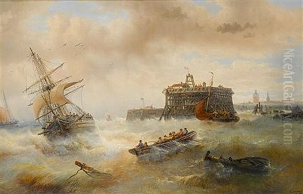 Off Calais Harbour Oil Painting by Francois-Etienne Musin