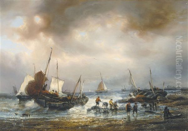 Bateaux Pres De La Plage Oil Painting by Francois-Etienne Musin