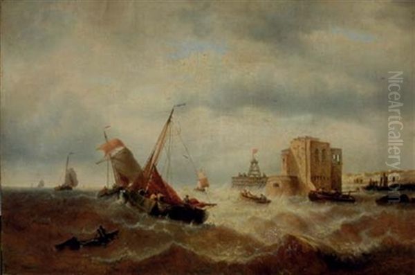 Ships In Stormy Sea Oil Painting by Francois-Etienne Musin