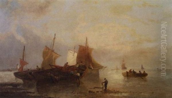 Figures With Shipping On The Shore Oil Painting by Francois-Etienne Musin