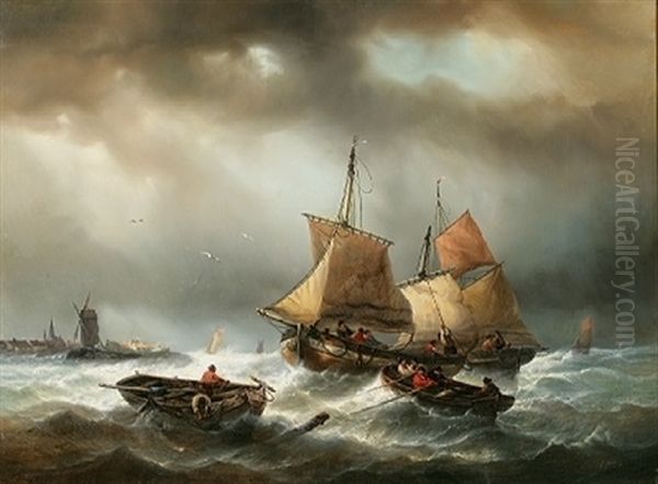 Paysage Cotier Avec Pecheurs Sur Une Mer Agitee by Francois-Etienne Musin