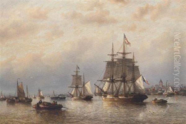 Shipping Becalmed In Calais Harbour Oil Painting by Francois-Etienne Musin