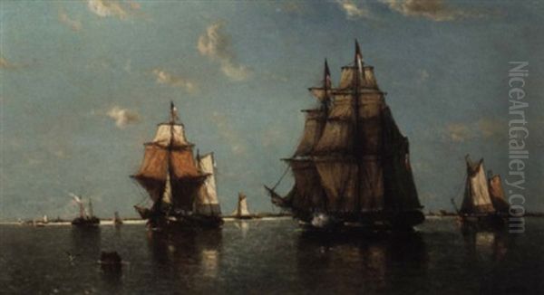 French Shipping Off The Coast In A Light Breeze, The Barque Firing A Warning Shot To The Two-masted Trader Crossing Her Path Oil Painting by Francois-Etienne Musin