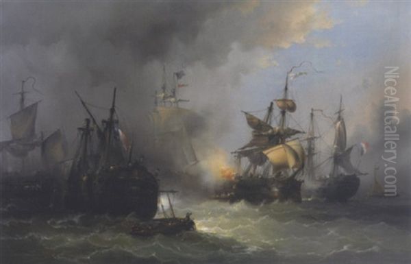 Combat Naval Oil Painting by Francois-Etienne Musin