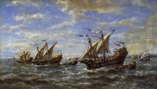 En Manoeuvre - Anciennes Caravelles De Guerre Francaises Oil Painting by Francois-Etienne Musin