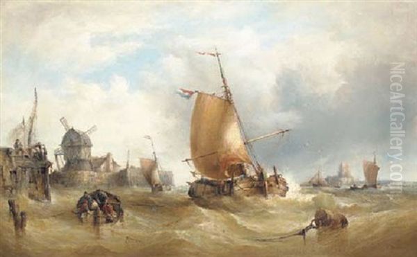 Dutch Fishing Boats Off A Coast With A Castle In The Distance Oil Painting by Francois-Etienne Musin