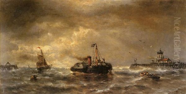 A Paddle Steamer And A Ferry Off A Jetty Oil Painting by Francois-Etienne Musin