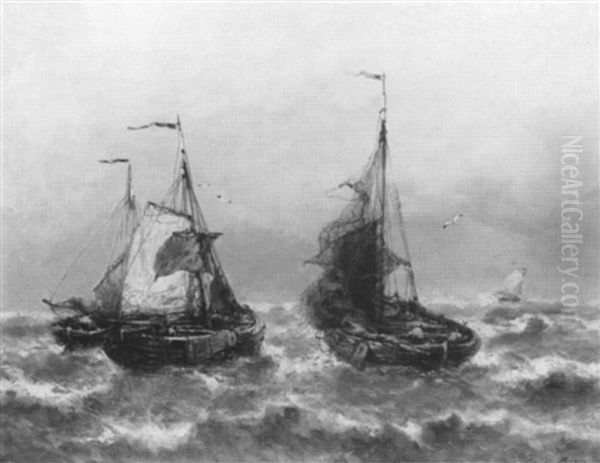 Fishing Ships In Choppy Water Oil Painting by Francois-Etienne Musin