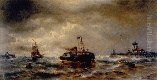 A Paddle-steamer And A Ferry Off A Jetty Oil Painting by Francois-Etienne Musin