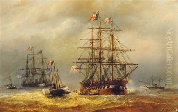 Merchant Ships, A Steamboat And A Pilot Vessel In A Choppy Sea Oil Painting by Francois-Etienne Musin