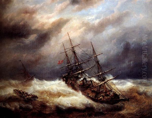 Schepen In De Storm Voor Oostende Oil Painting by Francois-Etienne Musin