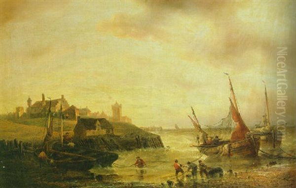 A Coastal View With Fishermen Hauling In Their Ships In A Stiff Breeze Off Nieuwport (?) Oil Painting by Francois-Etienne Musin