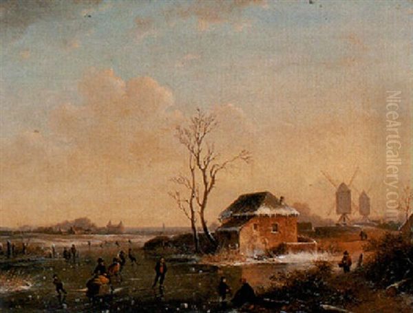 A Landscape With Skaters On A Frozen River Oil Painting by Francois-Etienne Musin