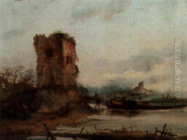 Barges In A River Estuary Beside A Ruined Tower Oil Painting by Francois-Etienne Musin