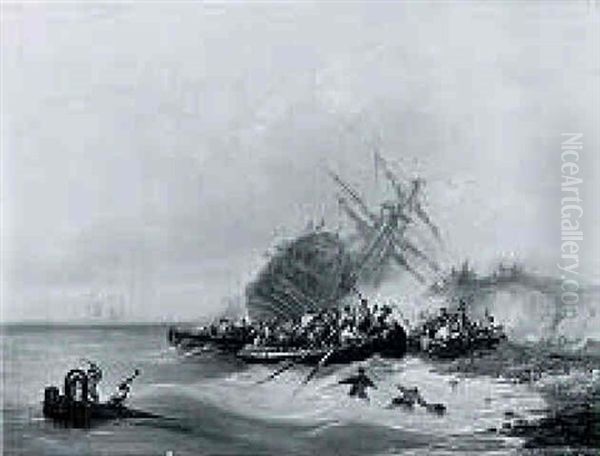 Sailors Engaged In A Battle At A Shore, A Capsized Man-o'-war Beyond Oil Painting by Francois-Etienne Musin