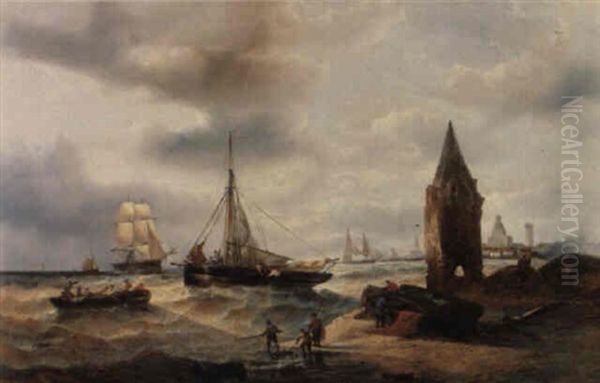 Fishing Boats Off A City (rotterdam?) Oil Painting by Francois-Etienne Musin