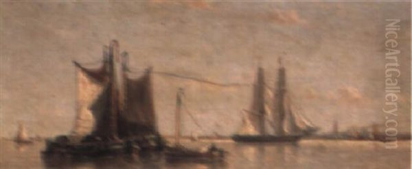 Vessels In A Calm Before A Town Oil Painting by Francois-Etienne Musin