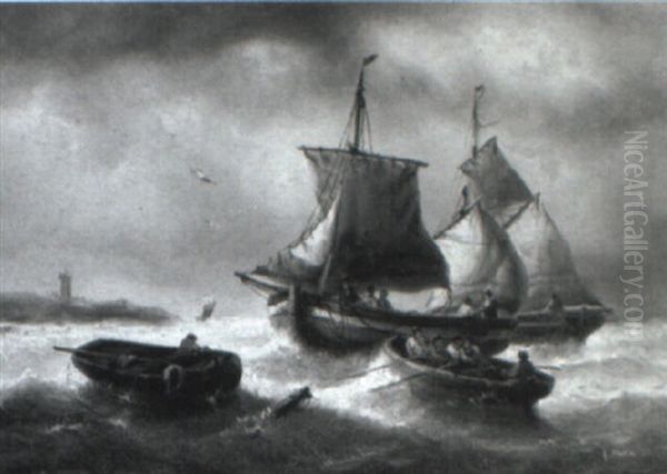 Ships On Stormy Seas Oil Painting by Francois-Etienne Musin