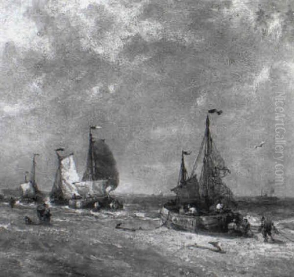 Fishing Vessels On The Beach In Blustery Weather Oil Painting by Francois-Etienne Musin