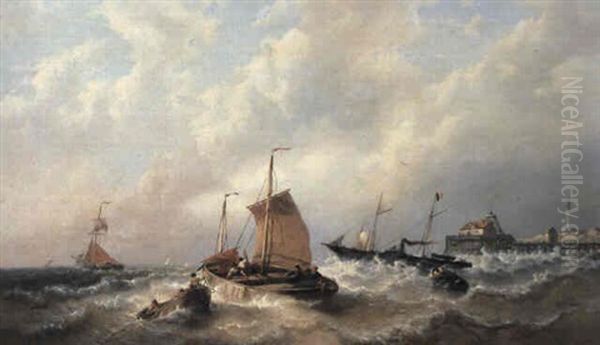 Shipping Off The Coast In Choppy Seas Oil Painting by Francois-Etienne Musin