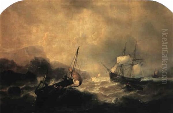 Fishing Vessels In Stormy Seas Off A Rocky Coastline Oil Painting by Francois-Etienne Musin