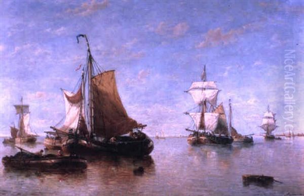 Shipping Off A Coastline In A Calm Oil Painting by Francois-Etienne Musin